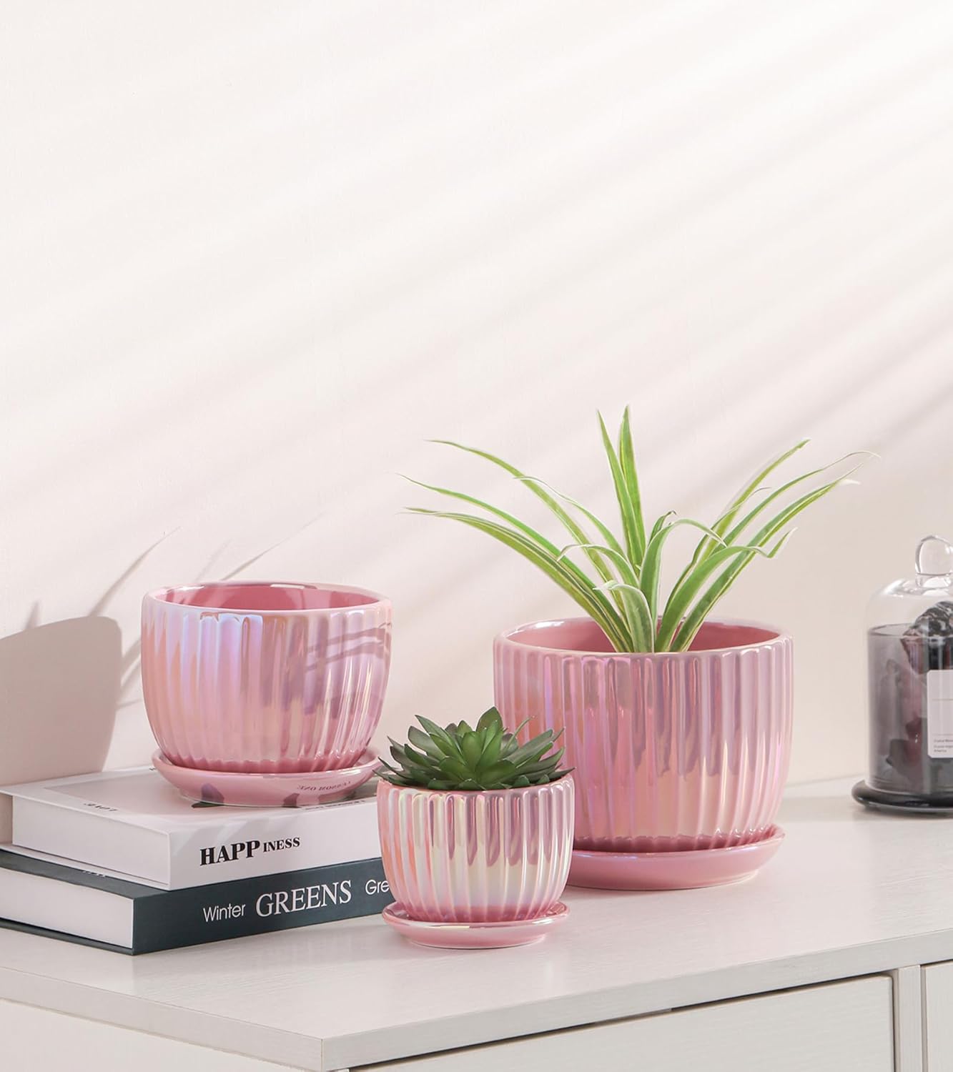 Ton Sin Pink Gold Ceramic Flower Pots Set of 3 with Saucers