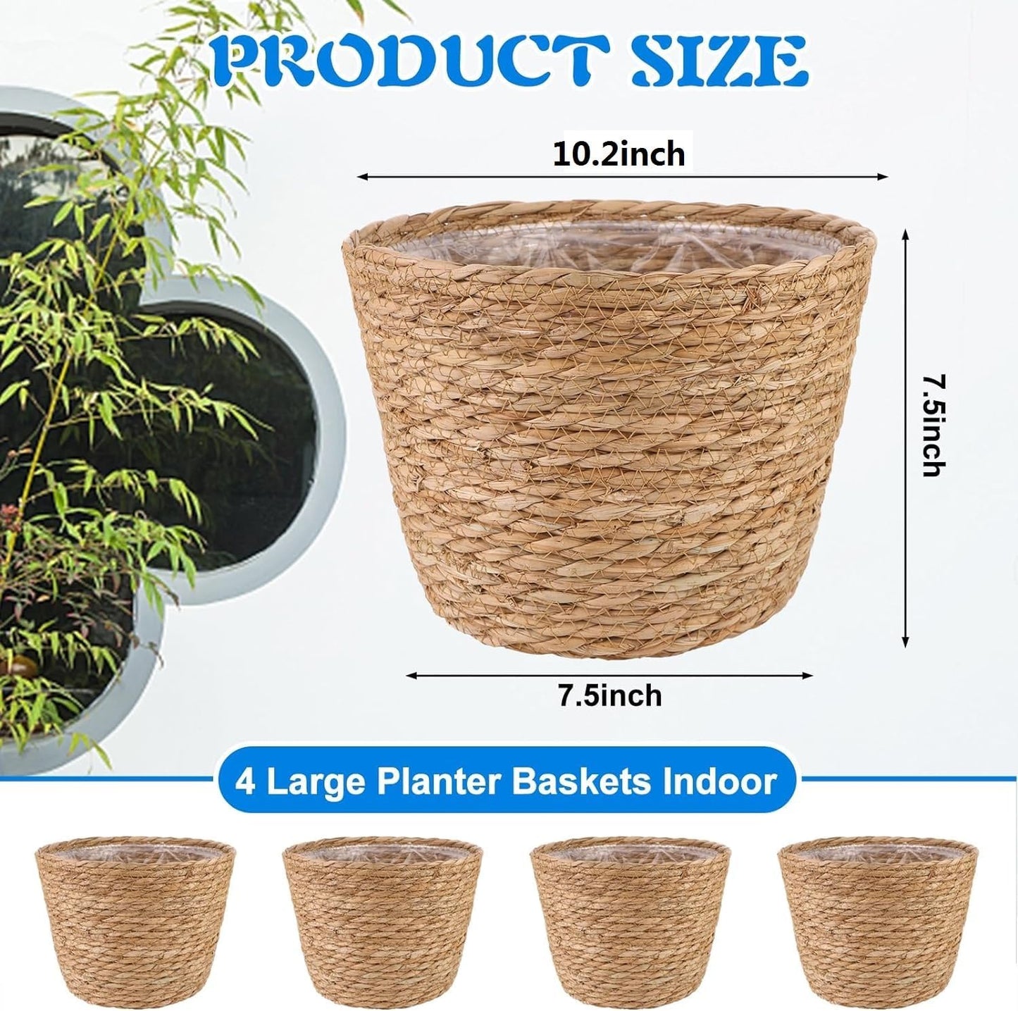 4-Piece Large Seagrass Planter Baskets with Plastic Lining
