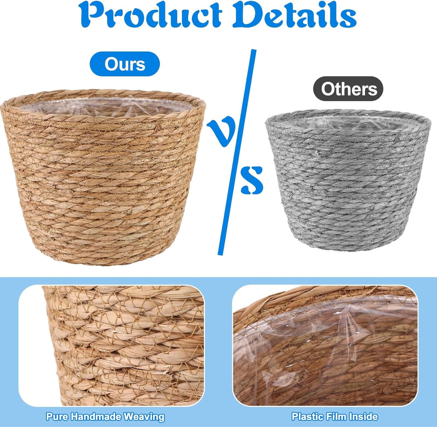 4-Piece Large Seagrass Planter Baskets with Plastic Lining