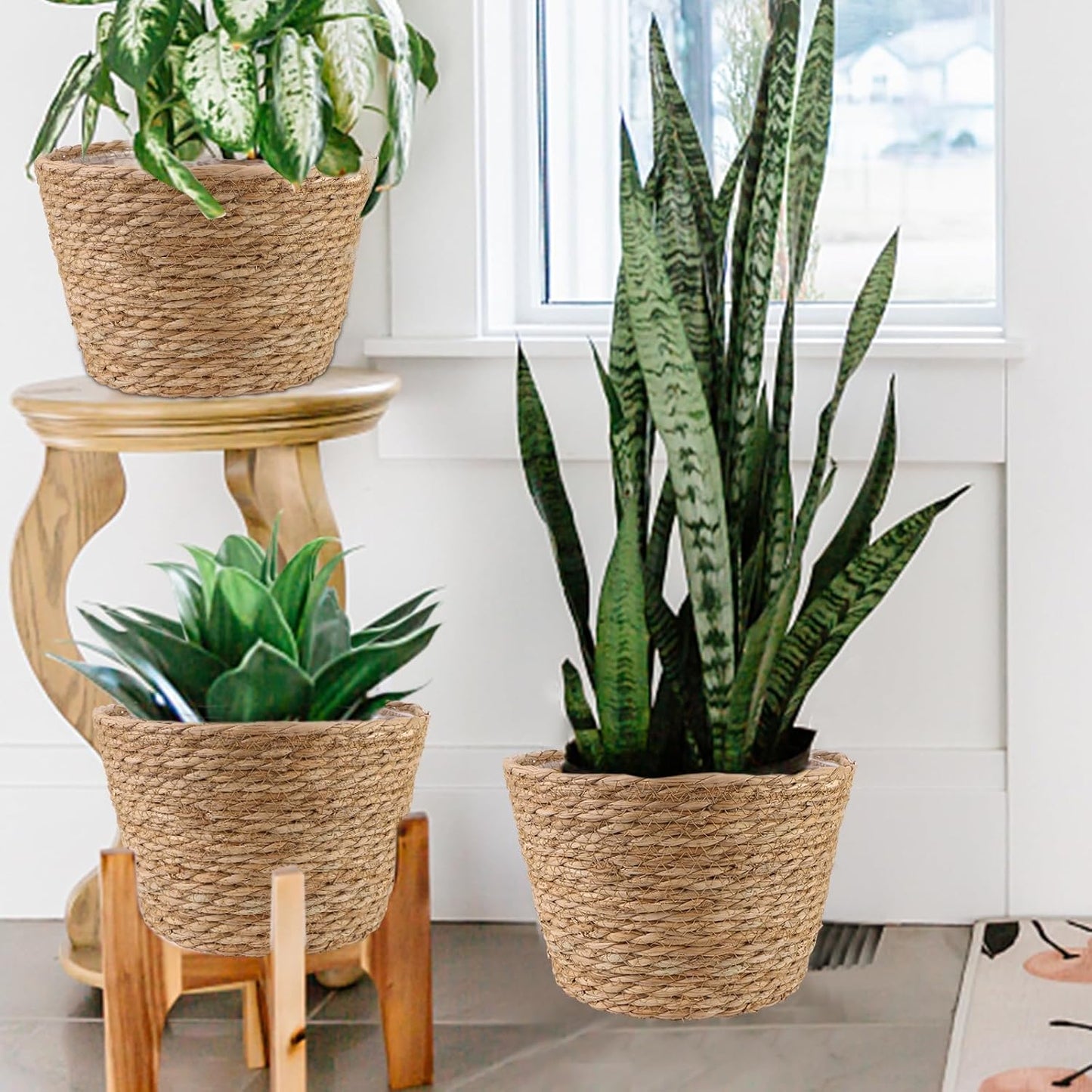 4-Piece Large Seagrass Planter Baskets with Plastic Lining